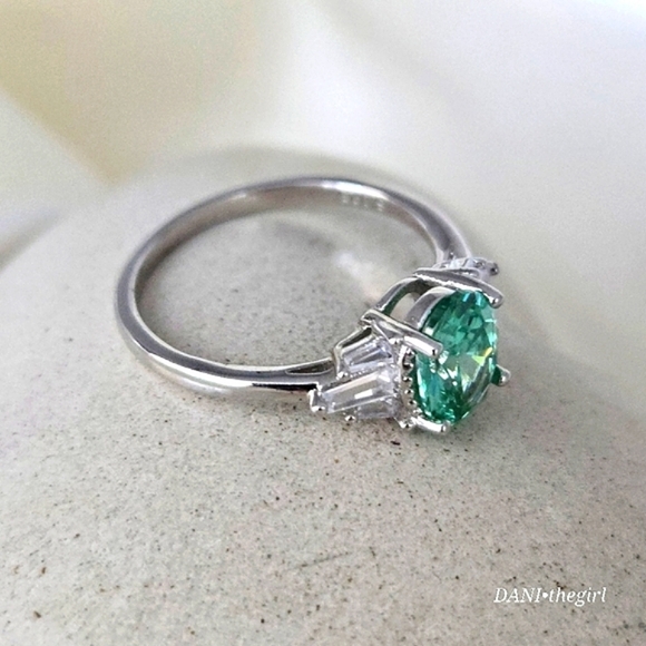 Sterling Silver White Gold Oval Mint Sapphire & Baguette CZ Diamond Side Stones - Picture 9 of 11